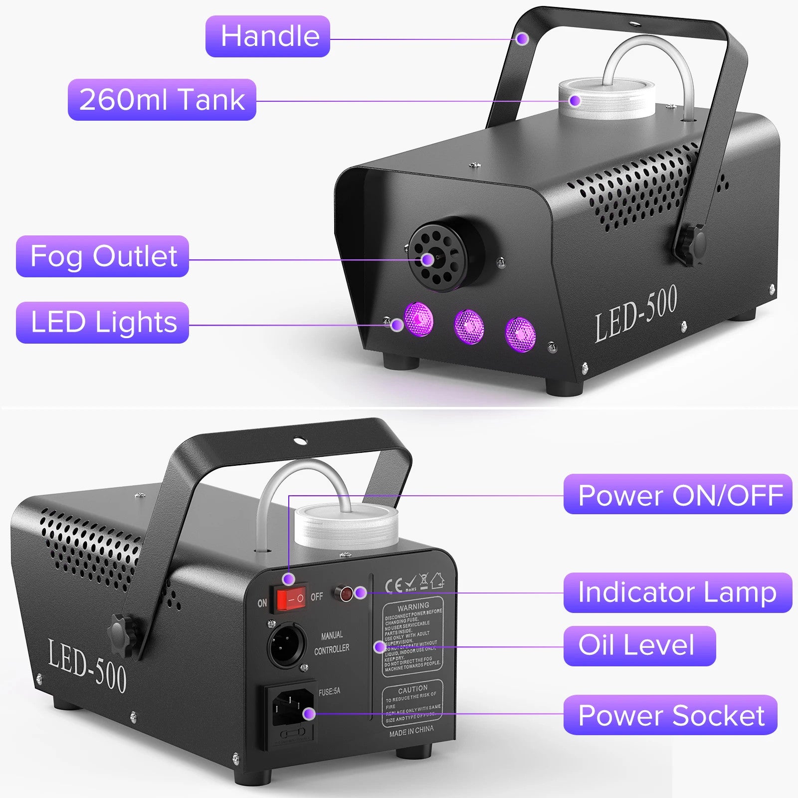 500W RGB Nebelmaschine with Remote - Perfect for Parties, DJ & Halloween