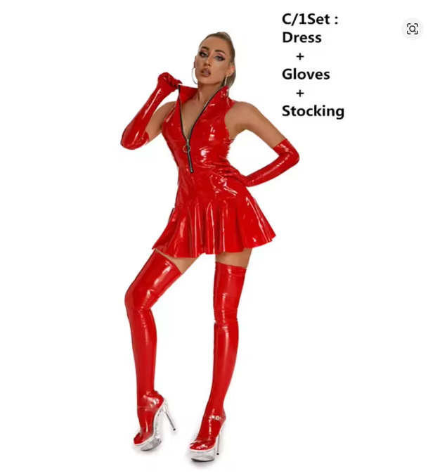 Kurviges PVC-Party-Outfit – Mini-Latexkleid inkl. Handschuhe & Strümpfe ROT
