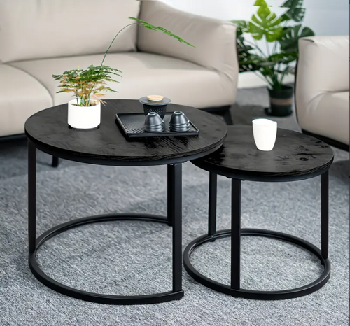 2er Set runde Beistelltische – Holzplatte & Metallgestell, modern, stapelbar