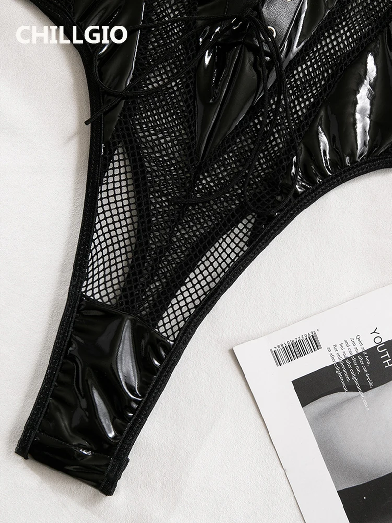 Women Sexy PU Mesh Body Bodysuits Schwarz
