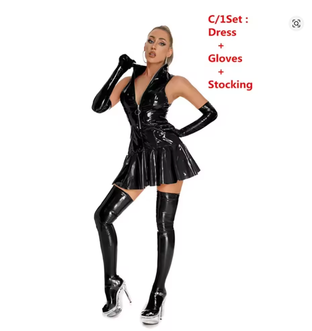 Kurviges PVC-Party-Outfit – Mini-Latexkleid inkl. Handschuhe & Strümpfe Schwarz