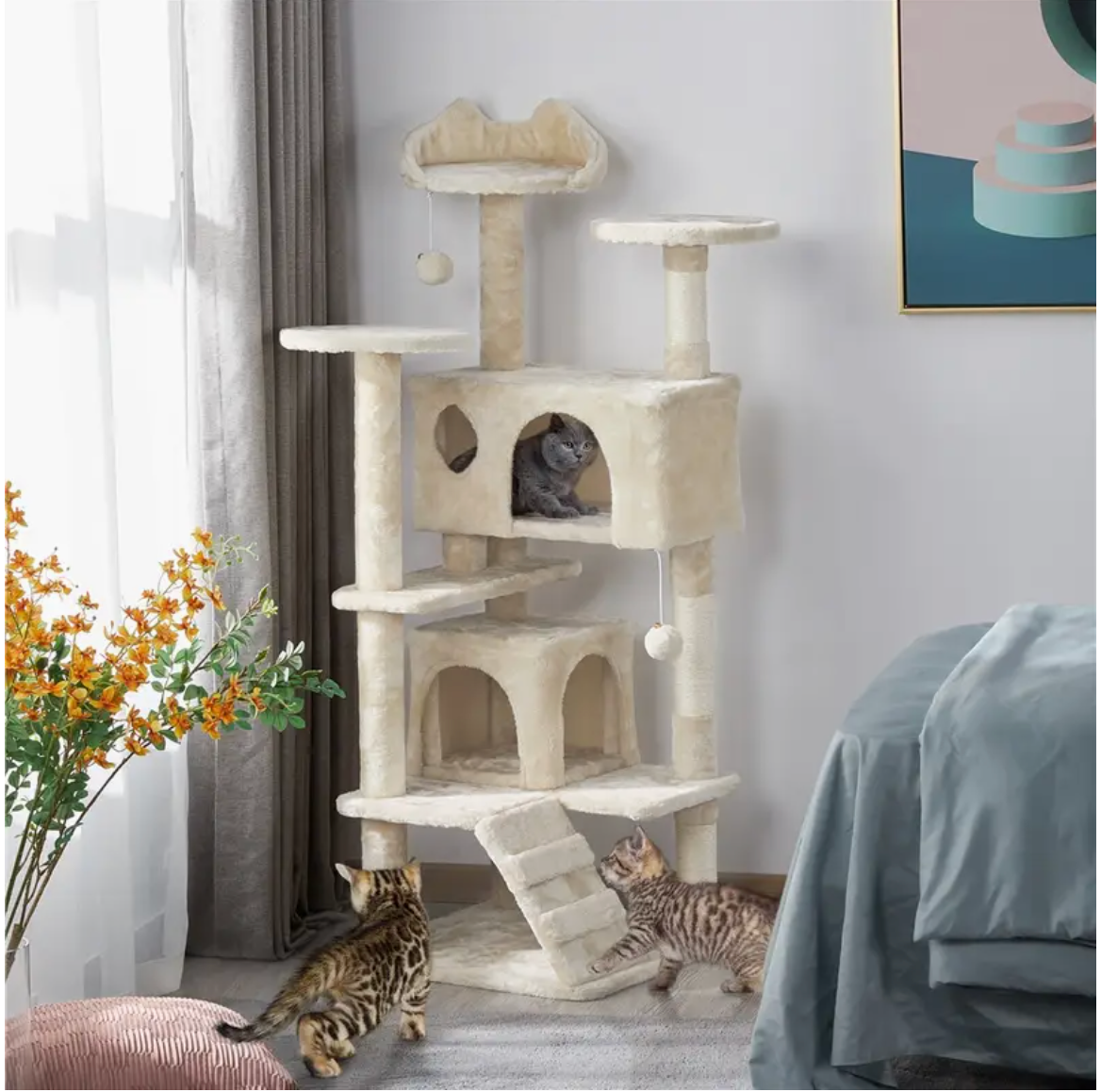 Kratzbaum Katzenbaum 138 cm  Stabiler Katzenkratzbaum Katzenmöbel mit Spielkugel