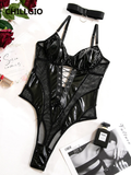 Women Sexy PU Mesh Body Bodysuits Schwarz