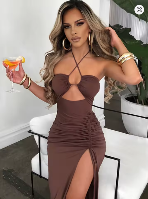 Damen Kleid Sommer Ärmellos Sexy Braun