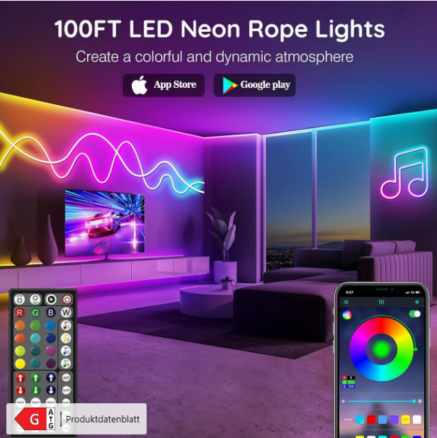 RGB LED Neon Beleuchtungsstreifen mit App & Fernbedienung NEU