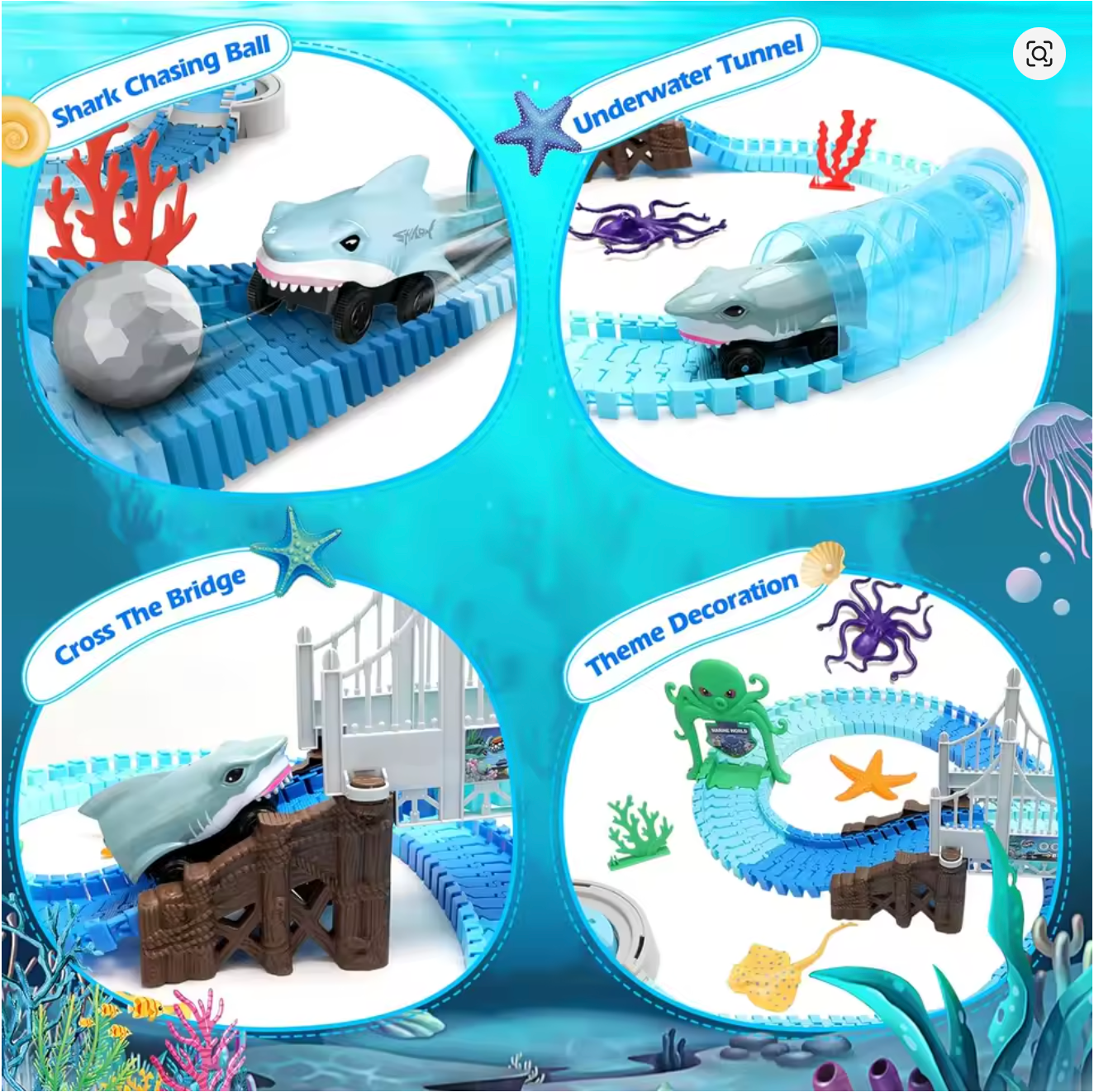 Spielzeug Hai Rennwagen Set – biegbare flexible Rennstrecke für Kinder 3+