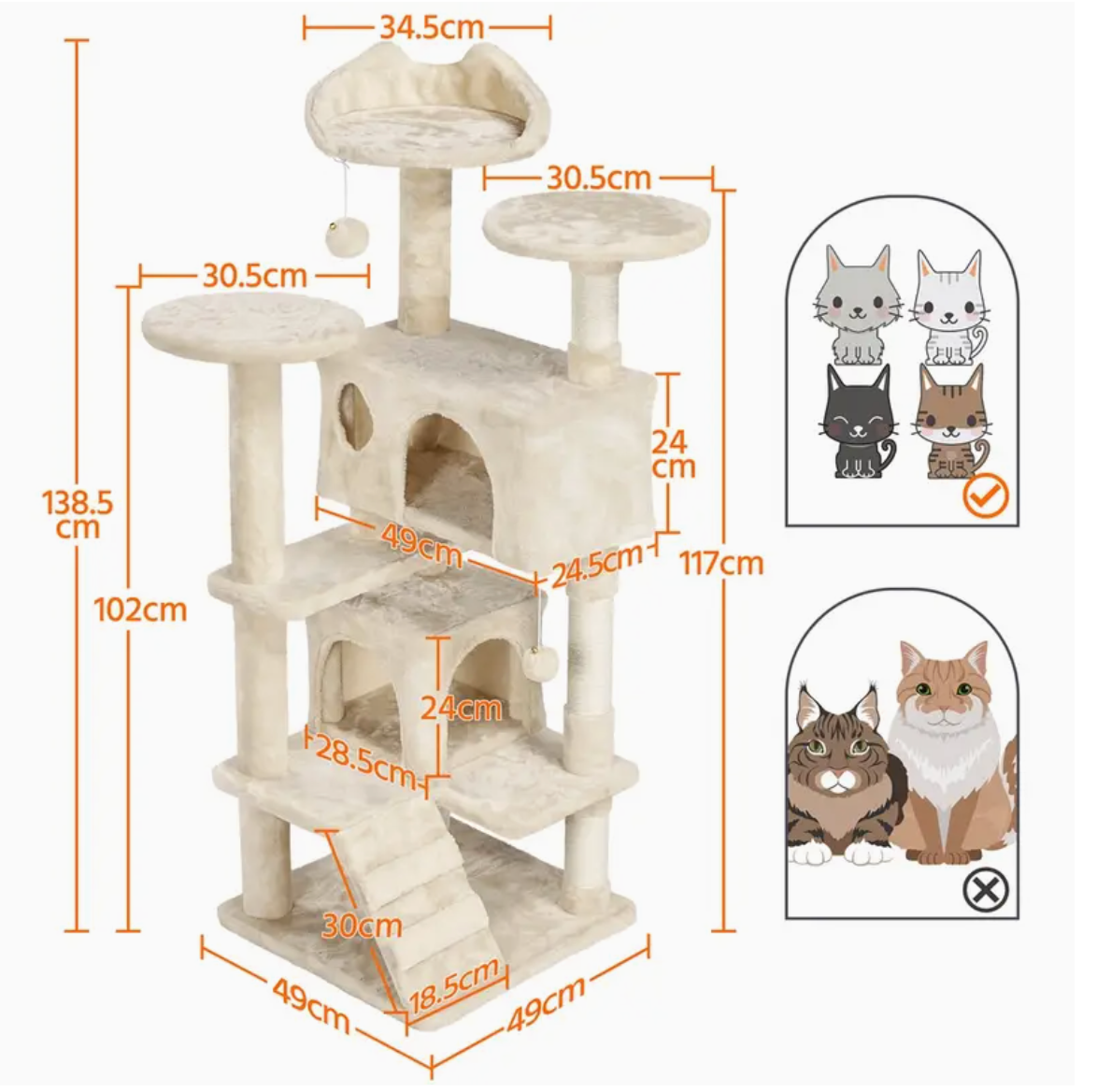 Kratzbaum Katzenbaum 138 cm  Stabiler Katzenkratzbaum Katzenmöbel mit Spielkugel