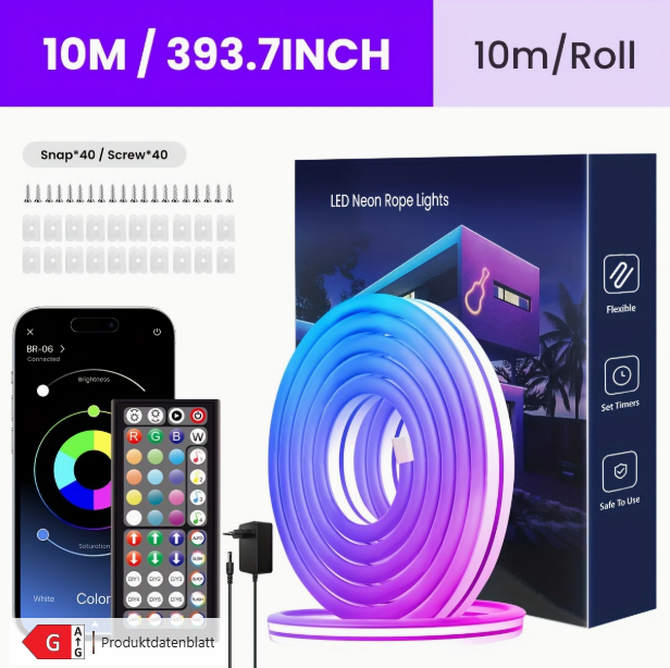 RGB LED Neon Beleuchtungsstreifen mit App & Fernbedienung NEU