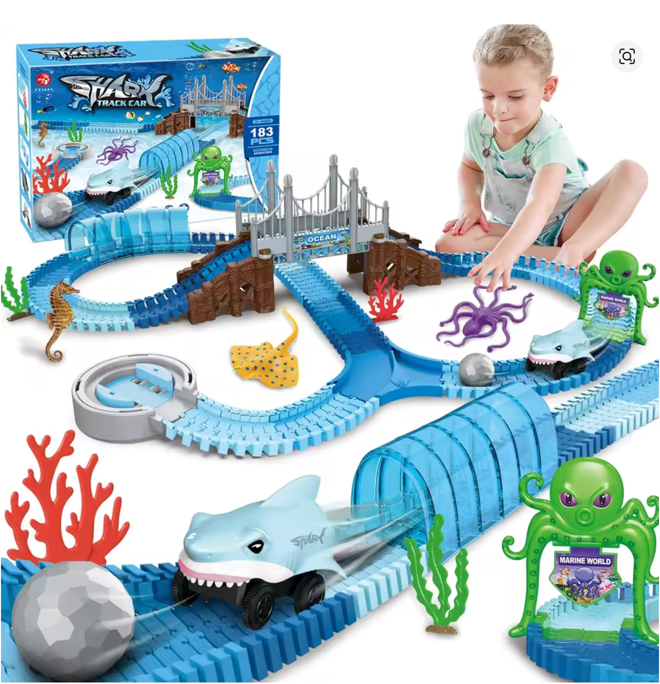 Spielzeug Hai Rennwagen Set – biegbare flexible Rennstrecke für Kinder 3+